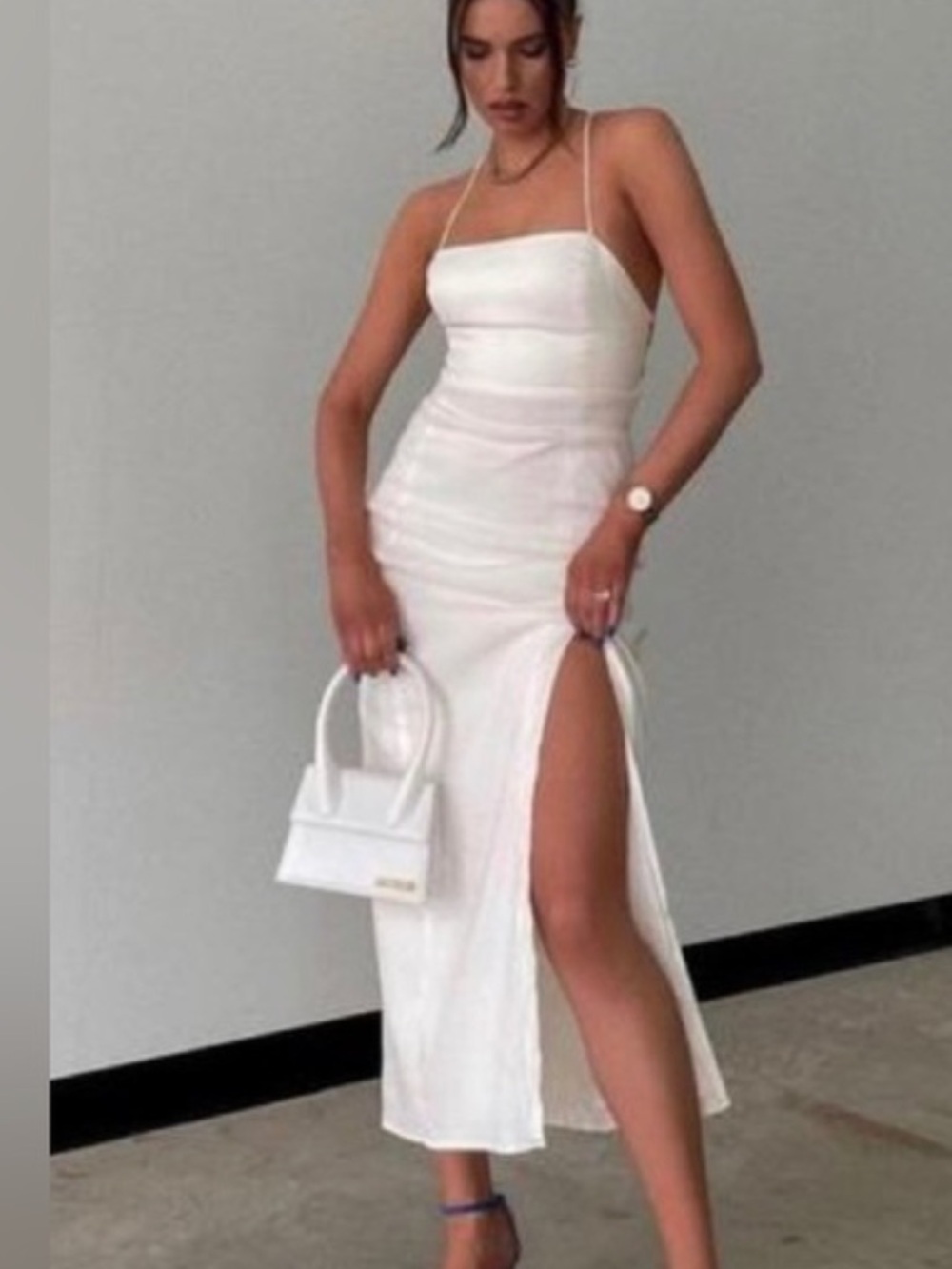 Zara White Linen-Blend Strappy Back Front Slit Midi Dress Size Small (S) - Picture 2 of 11